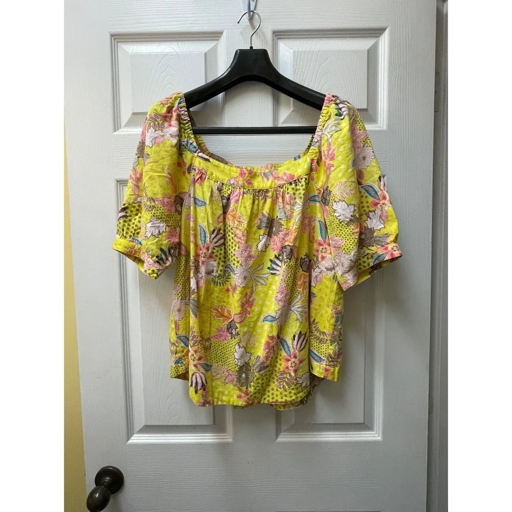 Loft Women's Medium‎ Top Yellow Floral Linen Blend Knit Square Neck Blouse